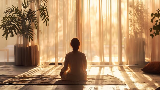 Silhouette of a person meditating in a sunlit room with plants