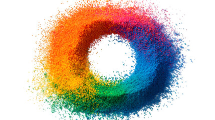 Colorful granular texture swirls, creating an abstract vibrant vortex on black. Use for backgrounds, branding, posters.