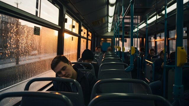 Exhausted young man sleeping on a public bus during his daily commute, illuminated by the warm glow of the setting sun - Powered by Adobe