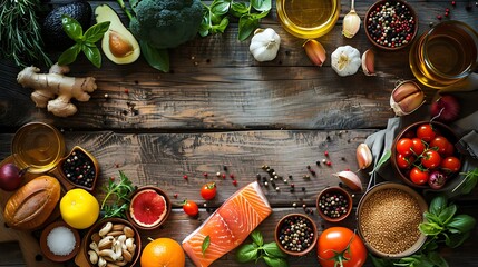 Abundant fresh food ingredients arranged on rustic wooden table