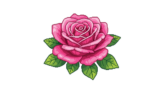 A stunningly detailed pixel art illustration of a single vibrant pink rose in full bloom surrounded by lush green leaves.