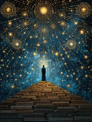 Lone traveler's spiritual journey silhouette on pyramid stairway to stars under cosmic light astral energy in a dreamlike environment