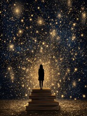 Lone traveler on stacked book pyramid cosmic light spiritual journey stairway to stars astral energy silhouette