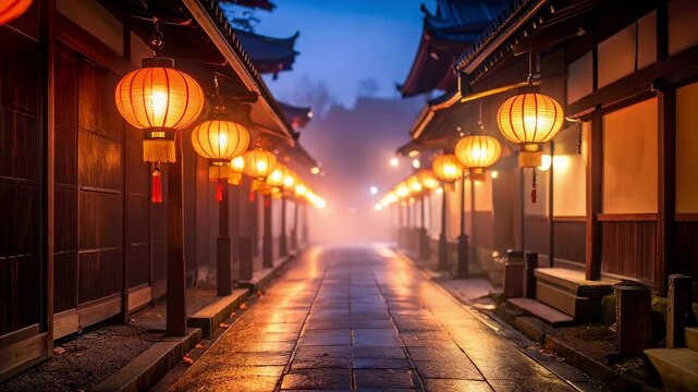 提灯が照らす夜の和風の街並み 前進 散歩