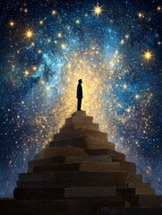 Lone traveler's spiritual journey up the pyramid structure embracing cosmic light and astral energy in a celestial environment