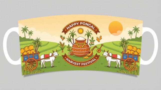 vibrant mug wrap illustration template bursting like a harvest party in a green field