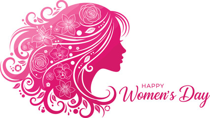 Women’s Day floral silhouette illustration—vector of feminine profile with pink blossoms, swirling hair, and greeting text