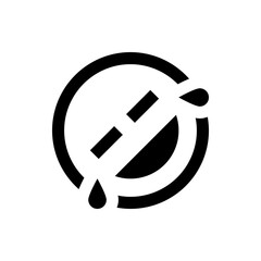 A graphic representation of a circle with a slash and two water drops, rendered in black and white