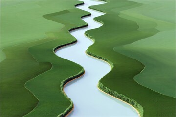 River flowing through green fields, aerial view