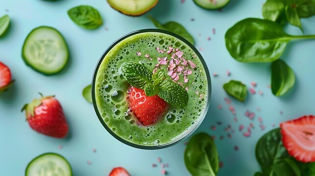 Refreshing green smoothie with strawberry and cucumber topping