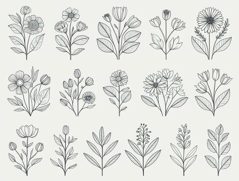 Collection of delicate hand drawn floral illustrations in black and white
