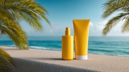 Obraz premium Yellow sunscreen bottles on tropical beach background
