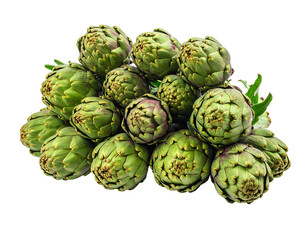 Fototapeta premium Pile of green artichokes, neatly stacked with a few green leaves amidst them, against a stark black background