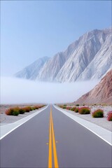 Road Leading to Mountains in Foggy Landscape