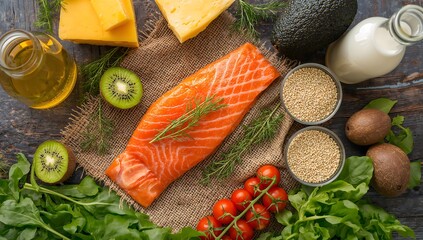 Scored raw salmon fillet prepared for grilling with healthy ingredients, closeup overhead