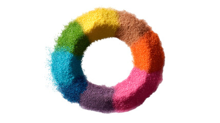 Rainbow granulated circle glows against a black backdrop. Use it for colorful advertising, quirky branding, and vibrant posters.