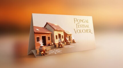 Three-dimensional voucher design template featuring charming village houses and vibrant pongal pots on a warm gradient.