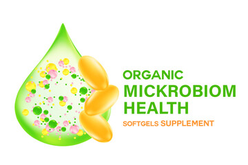 Scientific 3D organic microbiome supplement pill or capsule icon isolated. Elegant glowing microbiota liquid green Healthy stomach, intestines, digestive system nutrition supplements.