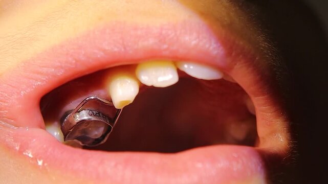 Pediatric dental space maintainer inside a child’s mouth, showing the metal band with engraved band size markings (not a brand name). Useful for medical education, dental training, and orthodontic.