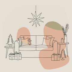 Cozy Christmas Living Room Decor with Festive Pillows and Holiday Elements &ndash; Vector Illustration