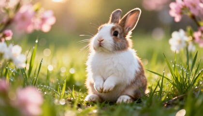 Easter bunny on green grass, cute and festive spring scene, perfect for Easter, holiday, seasonal, family, and lifestyle photography, illustration, or decoration projects.
