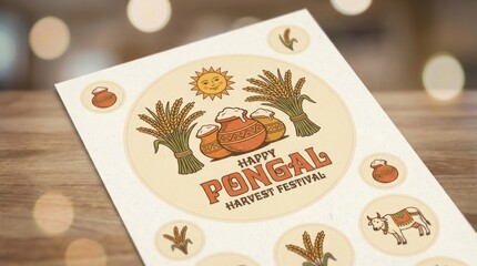 Fototapeta premium retro round sticker sheet design featuring a harvest vibe with rice bundles and clay pots