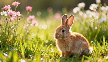 Easter bunny on green grass, cute and festive spring scene, perfect for Easter, holiday, seasonal, family, and lifestyle photography, illustration, or decoration projects.
