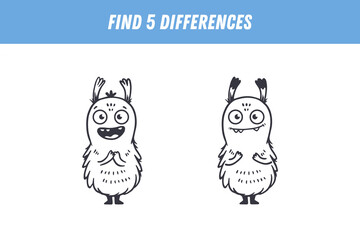 Find 5 differences between two pictures of funny monster. Cute alien. Vector illustration