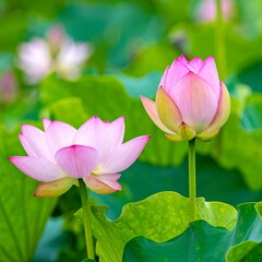 Close-up of two pink lotus flowers with lush green leaves