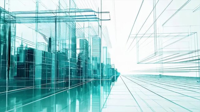 緑色のワイヤーフレーム未来都市 回転アングル・立体感