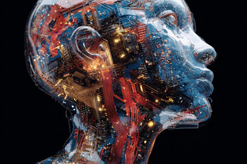 Futuristic AI concept with glowing circuits inside a human head, perfect for tech innovation and cutting edge designs, a stunning visual for digital transformation