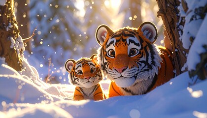 A cartoon tiger and cub nestled in a snowy forest, bathed in warm sunlight filtering through the trees.