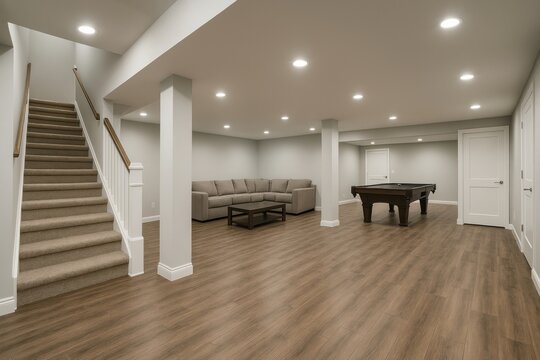 Modern spacious basement design.