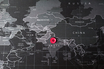 India Highlighted on World Map: An elegant and artistic depiction of a world map, with a focus on...