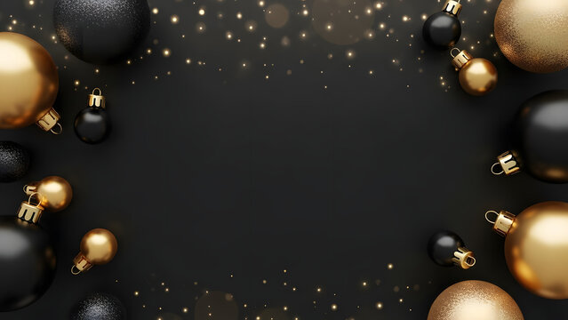 Elegant black and gold christmas balls frame on dark background - Powered by Adobe