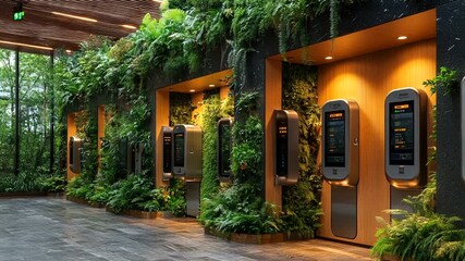 Modern kiosks amidst lush greenery in urban space