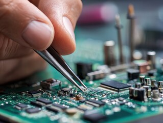 Close up of a hand using tweezers on a circuit board