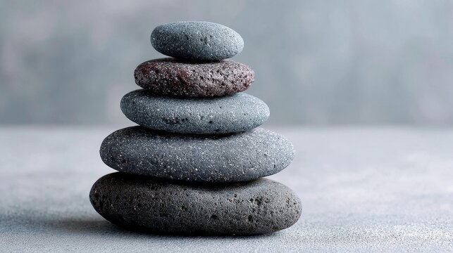 A stack of smooth grey river stones in a balanced tower