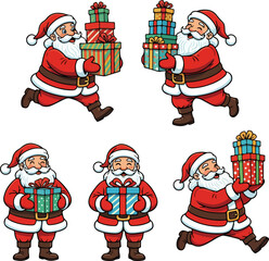 Five Santa Claus Holding Gifts Two-Handed Vector Set