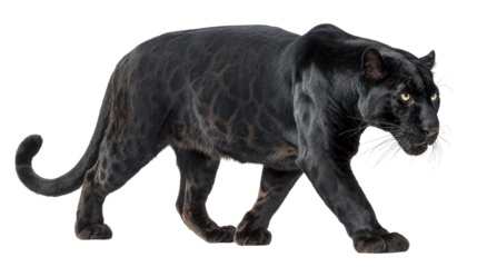 Striking side view of majestic black panther in wildlife setting showcasing power, elegance, and natural beauty isolated on white background