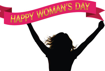 Women’s Day silhouette with banner—vector of person holding pink ribbon with “Happy Woman’s Day” text