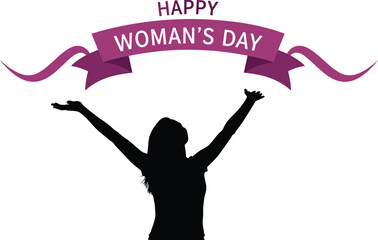Women’s Day silhouette illustration—vector of person with raised arms and purple banner reading “Happy Woman’s Day” 