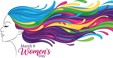 Women’s Day empowerment illustration—vector of serene female profile with multicolor flowing hair and March 8 text