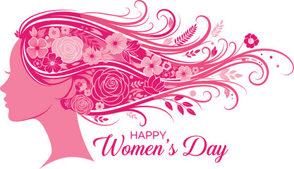 Women’s Day floral profile illustration—vector of feminine head with pink blossoms, swirling hair, and greeting text
