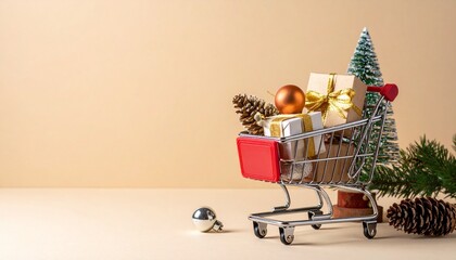 Festive mini shopping cart brimming with Christmas gifts, a small tree, and sparkling holiday ornaments, capturing the joy of seasonal buying and the spirit of giving