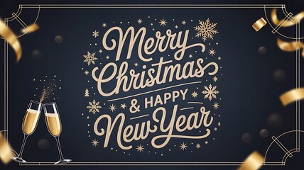 Festive christmas and new year greeting card with champagne glasses and golden confetti accents design