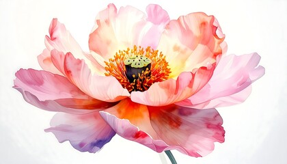 Close-up of watercolor peony blossom, delicate pink and orange hues