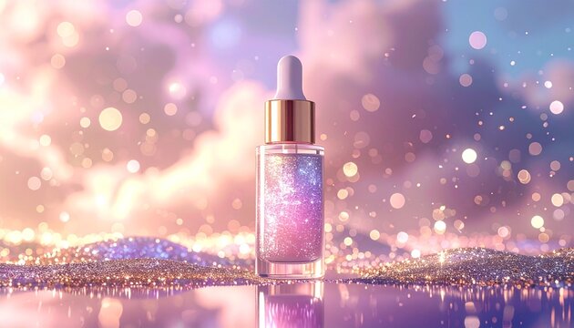 Magical beauty essence with sparkling particles in a dropper bottle for a radiant skincare routine, on a glittering surface with a celestial glow
