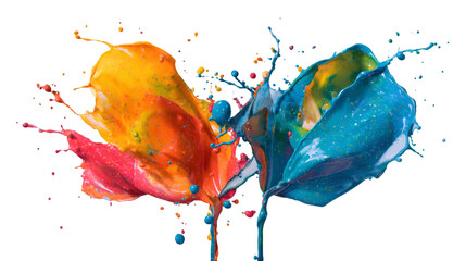 Vivid splashes of orange and blue paint collide on a black backdrop. Dynamic, fluid art for digital design, posters, and branding.