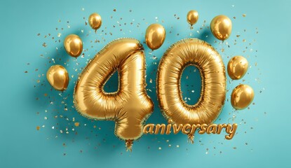 Golden 40th anniversary balloons with confetti